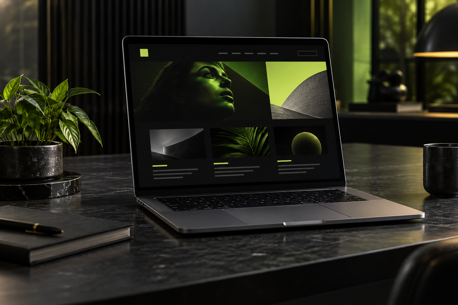 Notebook com uma composição de site em preto e verde em uma mesa de criação