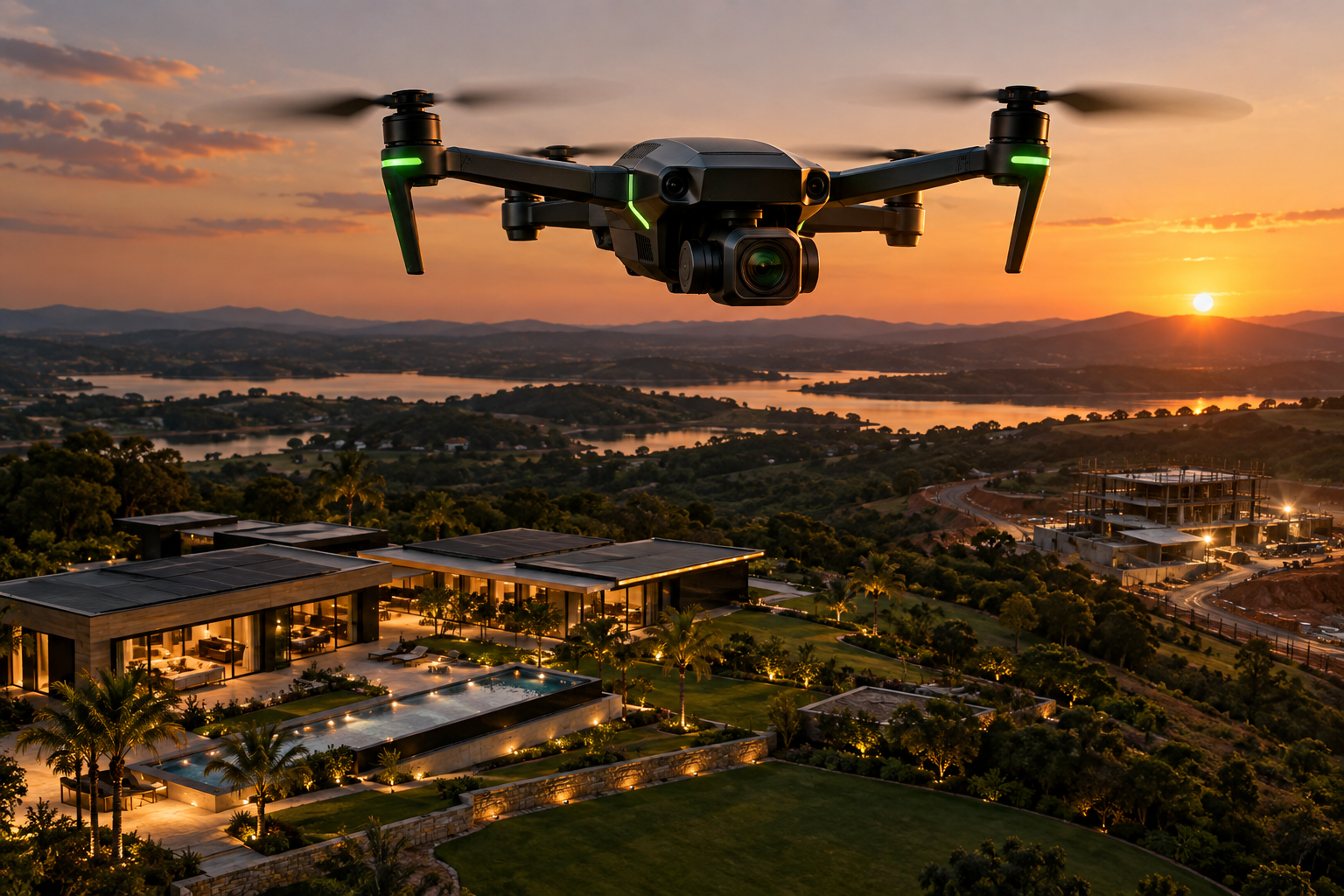 Drone em voo acima de um empreendimento com imóveis, terrenos e obras