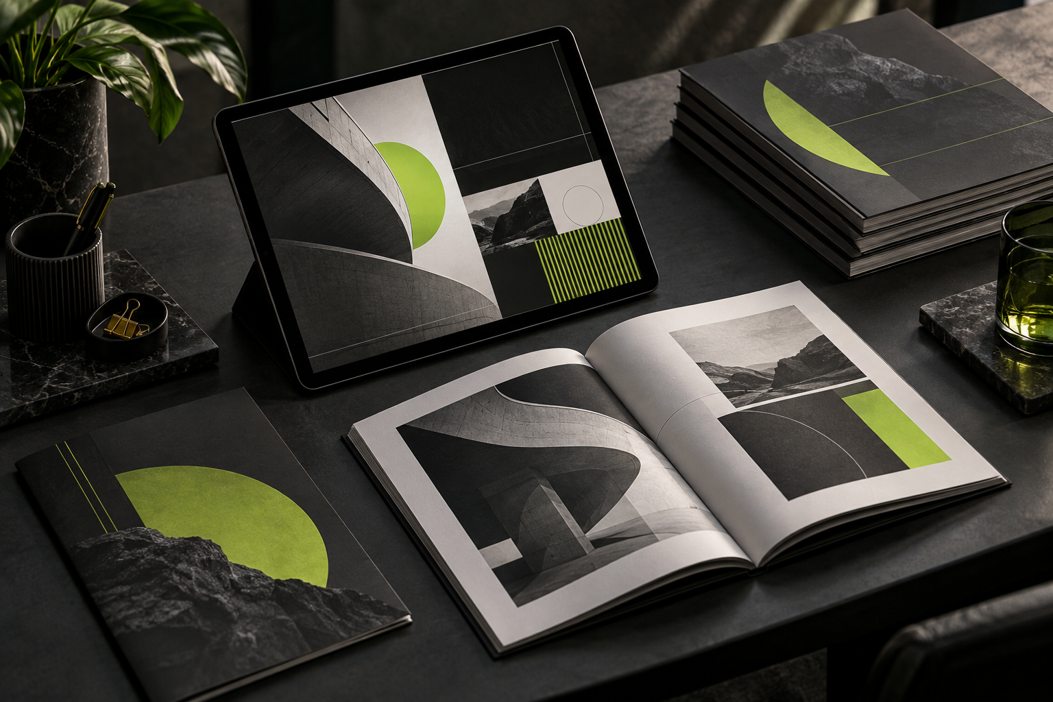 Tablet, guias e materiais editoriais com identidade visual em preto e verde