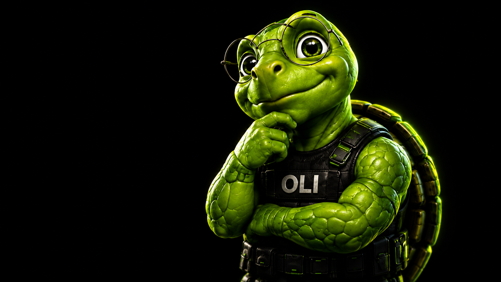 Mascote da OLI: tartaruga verde de óculos, em uma pose pensativa